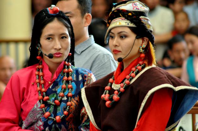 Tibetan artistes perform a song during a public event to felicitate a group from US Congress delegation at the Tsuglagkhang temple in Dharamsala on Wednesday.  (Shyam Sharma/HT photo) 