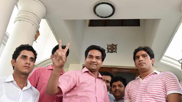 AAP MLA Kapil Mishra after addressing a press conference against Delhi CM Arvind Kejriwal and Health Minister Satyender Jain. (PTI) AAP MLA Kapil Mishra after addressing a press conference against Delhi CM Arvind Kejriwal and Health Minister Satyender Jain. (PTI)