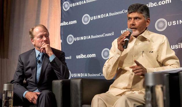 Andhra Pradesh Chief Minister Chandrababu Naidu speaks at the US India Business Council Summit in Silicon Valley. (PTI) Andhra Pradesh Chief Minister Chandrababu Naidu speaks at the US India Business Council Summit in Silicon Valley. (PTI)