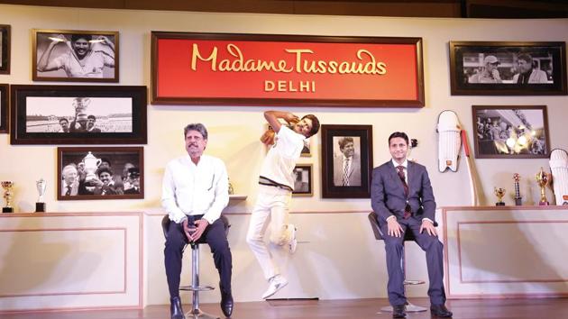 Former India captain Kapil Dev unveiled his own wax statue at Madame Tussauds in New Delhi on Thursday.(HT Photo)