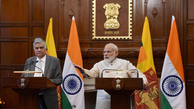 Prime Minister Narendra Modi (Right) with his Sri Lankan counterpart Ranil Wickremesinghe, Hyderabad House, New Delhi, April 26(PTI)