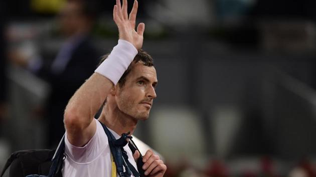 Andy Murray waves after being defeated by Borna Coric in an ATP Madrid Open third round match. (AFP) Andy Murray waves after being defeated by Borna Coric in an ATP Madrid Open third round match. (AFP)