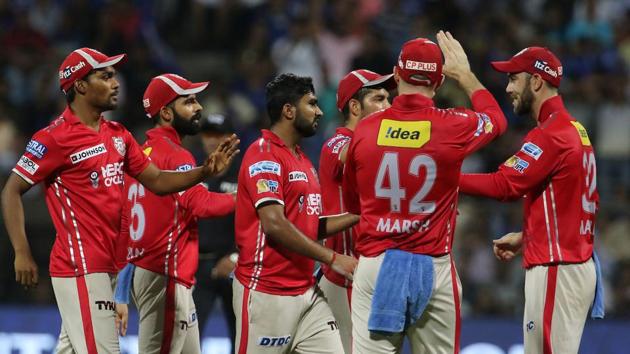 Kings XI Punjab players celebrate the wicket of Rohit Sharma during their 13th match of 2017 Indian Premier League against Mumbai Indians. Get full cricket score of Mumbai Indians vs Kings XI Punjab here(BCCI)