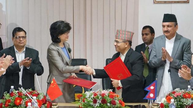 Nepal’s foreign secretary Shanker Das Bairagi and Chinese ambassador Yu Hong at the ceremony in Nepal’s foreign ministry where the Memorandum of Understanding on Cooperation under the Belt and Road Initiative was signed.(Courtesy mofa.gov.np)