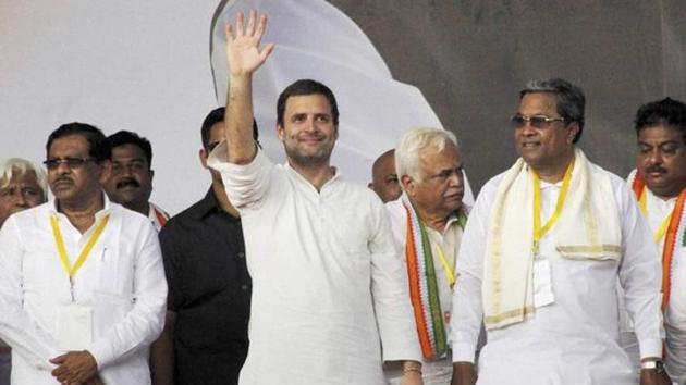 Congress vice-president Rahul Gandhi with Karnataka chief minister Siddaramaiah and state home minister G Parameshwara during a rally in Belgavi in Karnataka. (PTI FILE PHOTO) Congress vice-president Rahul Gandhi with Karnataka chief minister Siddaramaiah and state home minister G Parameshwara during a rally in Belgavi in Karnataka. (PTI FILE PHOTO)