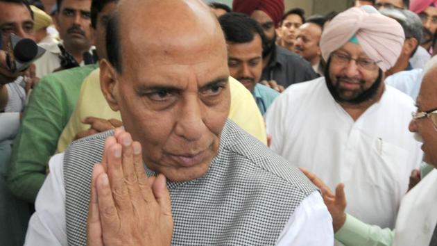 Union home minister Rajnath Singh after the Northern Zonal Council meeting at a hotel in Chandigarh on Friday, May 12. (Anil Dayal/HT)