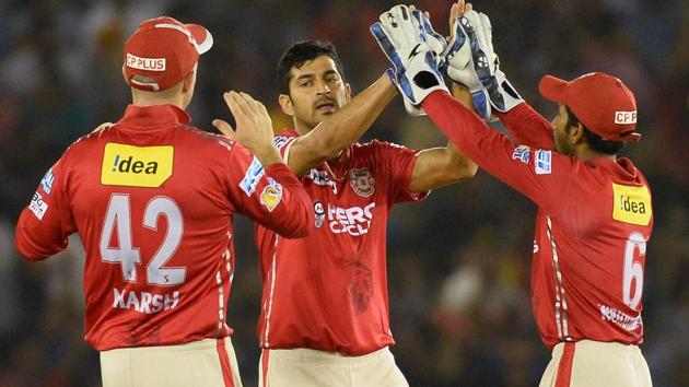 Kings Xi Punjab bowler Mohit Sharma (C) celebrates with his teammates after their victory over Mumbai Indians in the IPL 2017. (AFP) Kings Xi Punjab bowler Mohit Sharma (C) celebrates with his teammates after their victory over Mumbai Indians in the IPL 2017. (AFP)