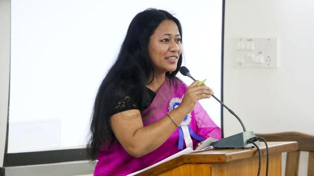 Human rights activist Binalakshmi Nepram delivering a talk at Mizoram University.(Mizoram University/ File photo)