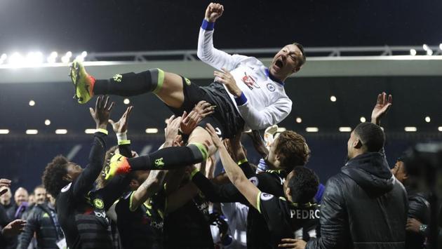 Next in line for an aerial trip was Chelsea’s grand old man John Terry, who has enjoyed many victories with the club but this one would be special for the veteran, especially since it has come after a lot of turmoil at the club. (REUTERS)