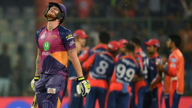 Rising Pune Supergiant (RPS) batsman Ben Stokes walks back to the dugout after getting dismissed during the 2017 Indian Premier League (IPL) match against Delhi Daredevils in New Delhi on Friday.(AFP)