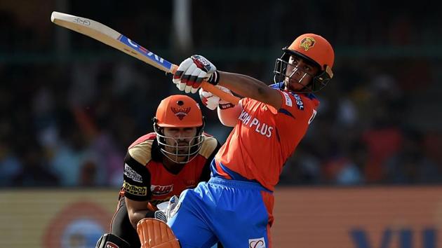 Gujarat Lions’ Ishan Kishan (R) plays a shot during his innings against Sunrisers Hyderabad in the 2017 Indian Premier League (IPL) T20 match against Sunrisers Hyderabad at the Green Park Stadium in Kanpur.(AFP)