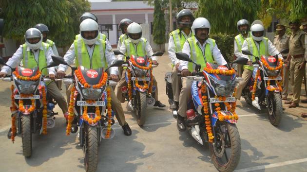 The six bikes, which include Apache and Pulsar, were from the 80 received by the Ghaziabad police after the new government assumed office. (Ameeruddin/HT Photo) The six bikes, which include Apache and Pulsar, were from the 80 received by the Ghaziabad police after the new government assumed office. (Ameeruddin/HT Photo)