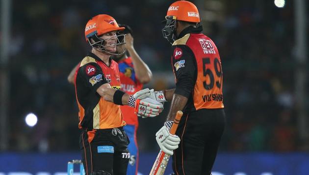 Captain David Warner and Vijay Shankar guided Sunrisers Hyderabad into the 2017 Indian Premier League playoffs with an eight wicket victory over Gujarat Lions at Green Park in Kanpur on Saturday. (BCCI)