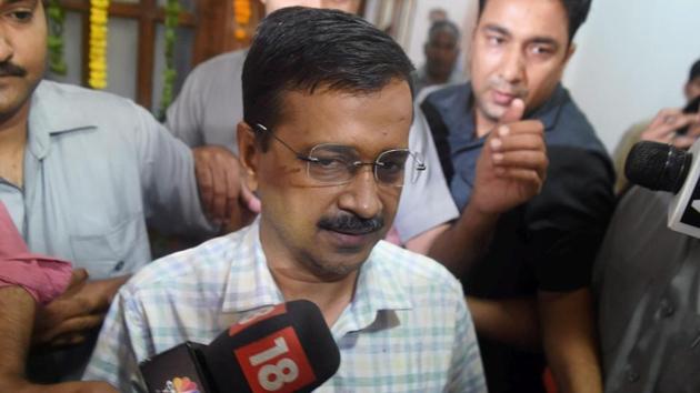 Delhi chief minister Arvind Kejriwal talks to media as he leaves after attending the special session of the assembly in New Delhi on Tuesday.