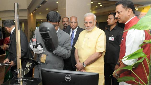 Prime Minister Narendra Modi visiting the exhibition on the National Skill Development Mission, in New Delhi on July 15, 2015.(HT File Photo)