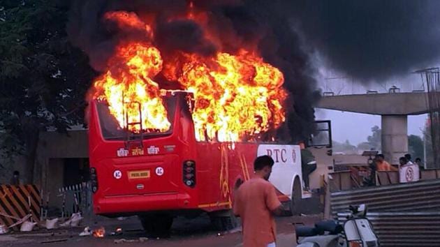 The bus on fire in Rampura Phul near Bathinda on Saturday, May 13. (HT Photo) The bus on fire in Rampura Phul near Bathinda on Saturday, May 13. (HT Photo)