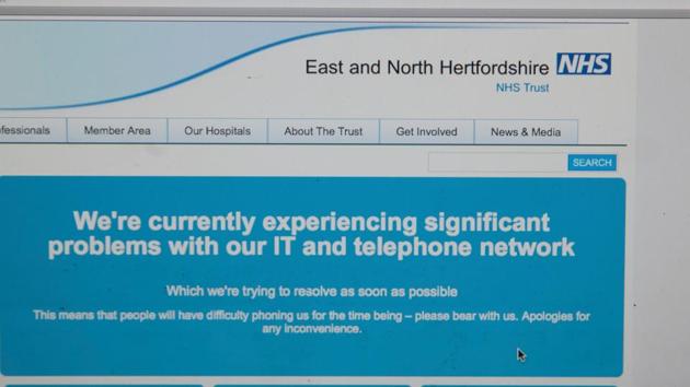 The NHS website notifying users of a problem in its network. (AFP Photo) The NHS website notifying users of a problem in its network. (AFP Photo)