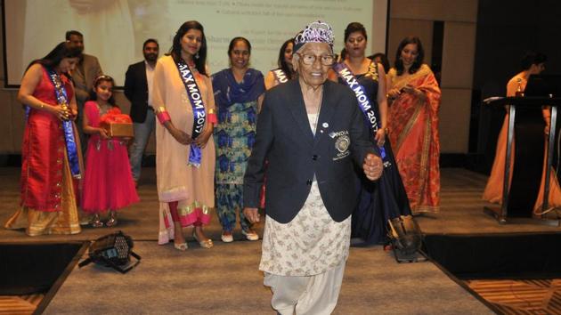 101-year-old Maan Kaur taking part in a ramp walk on the occasion of Mother’s Day celebration at JW Marriott in Sector 35, Chandigarh. (Karun Sharma/HT Photo) 