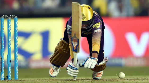 Kolkata Knight Riders (KKR) batsman Kuldeep Yadav loses his balance while going for a big one during the Indian Premier League match against Mumbai Indians (MI) in Kolkata on Saturday. The loss against MI means that KKR will have to wait for the result between the Rising Pune Supergiant (RPS) vs Kings XI Punjab (KXIP) match on Sunday to know in which position they will qualify for the IPL play-offs.(PTI)