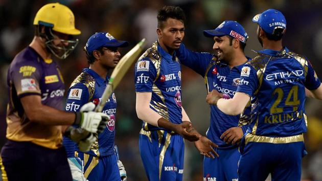 Mumbai Indians players celebrate after the dismissal of a Kolkata Knight Riders batsman in an Indian Premier League (IPL) 2017 match at the Eden Gardens. (PTI) Mumbai Indians players celebrate after the dismissal of a Kolkata Knight Riders batsman in an Indian Premier League (IPL) 2017 match at the Eden Gardens. (PTI)