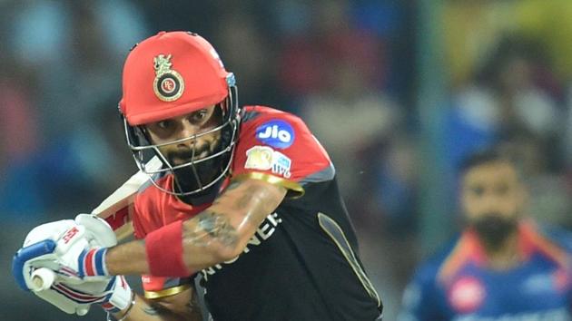 Royal Challengers Bangalore captain Virat Kohli plays a shot during the IPL 2017 match against Delhi Daredevils in New Delhi on Sunday.(PTI)