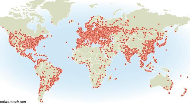 Map showing the extent of the 'Wannacry' ransomware attack across the world. (AFP Photo) Map showing the extent of the 'Wannacry' ransomware attack across the world. (AFP Photo)
