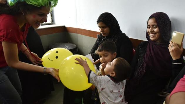 Many of the volunteers are working professionals who take time off and some have quit their jobs to do clowning full time. (Raj K Raj/HT Photo)