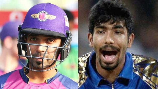 Ajinkya Rahane (L) and Jasprit Bumrah will come face to face in the IPL 2017 1st qualifier between Mumbai Indians and Rising Pune Supergiant at the Wankhede Stadium in Mumbai on Tuesday.(HT Photo/Agencies)