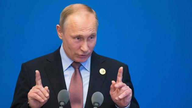 Russian President Vladimir Putin gestures while speaking to the media after the Belt and Road Forum at the China National Convention Center at the Yanqi Lake venue outside Beijing on Monday. (AFP) Russian President Vladimir Putin gestures while speaking to the media after the Belt and Road Forum at the China National Convention Center at the Yanqi Lake venue outside Beijing on Monday. (AFP)