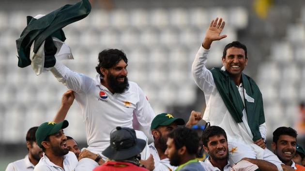 Pakistan cricket team gave a fitting farewell for retiring captain Misbah-ul-Haq (L) and Younis Khan (R), securing their first Test series win in the West Indies, by beating the hosts in dramatic fashion in the third and final Test in Dominica on Sunday. The players then lifted the champion duo on their shoulders for a lap of honour at the Windsor Park Stadium. (AFP) Pakistan cricket team gave a fitting farewell for retiring captain Misbah-ul-Haq (L) and Younis Khan (R), securing their first Test series win in the West Indies, by beating the hosts in dramatic fashion in the third and final Test in Dominica on Sunday. The players then lifted the champion duo on their shoulders for a lap of honour at the Windsor Park Stadium. (AFP)