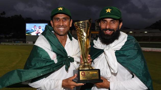 Pakistan cricket team’s Younis Khan (L) and captain Misbah-ul-Haq (R) celebrate the series victory against West Indies cricket team after winning the final Test at the Windsor Park Stadium in Roseau, Dominica, on Sunday (AFP) Pakistan cricket team’s Younis Khan (L) and captain Misbah-ul-Haq (R) celebrate the series victory against West Indies cricket team after winning the final Test at the Windsor Park Stadium in Roseau, Dominica, on Sunday (AFP)