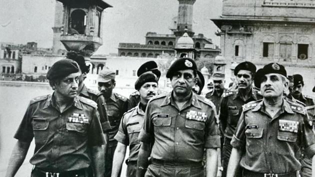Senior army officers at the site of Operation Bluestar, which was ordered in 1984 by Indira Gandhi, then prime minister, to remove Sikh separatists who were amassing weapons in the Golden Temple in Amritsar.(India Today Group/Getty Images) Senior army officers at the site of Operation Bluestar, which was ordered in 1984 by Indira Gandhi, then prime minister, to remove Sikh separatists who were amassing weapons in the Golden Temple in Amritsar.(India Today Group/Getty Images)