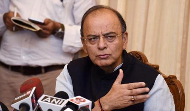 Finance minister Arun Jaitley addressing a press conference at his office in New Delhi.(PTI)