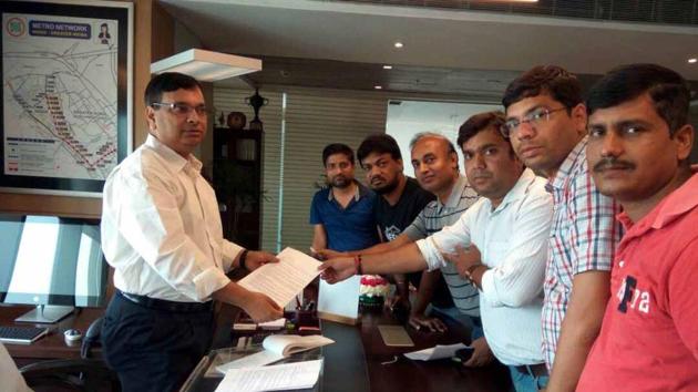 Noida, India-May16,2017: A delegation of Noida Extension Flat Owners Welfare Association had a heated argument with the officials and the police when they went to meet Greater Noida chief executive officer Amit Mohan Prasad in his office on Tuesday. **Pic received on May 16, 2017** (Please check with Pawan Pandita for details) Noida, India-May16,2017: A delegation of Noida Extension Flat Owners Welfare Association had a heated argument with the officials and the police when they went to meet Greater Noida chief executive officer Amit Mohan Prasad in his office on Tuesday. **Pic received on May 16, 2017** (Please check with Pawan Pandita for details)