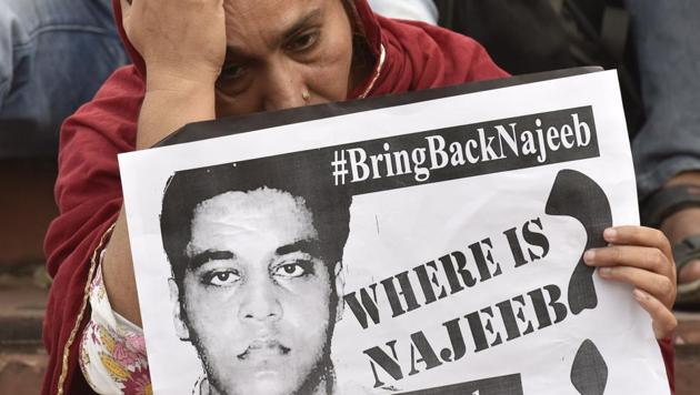 Najeeb Ahmad, 27, a first year MSc student, had gone missing from the JNU hostel on the night of October 14-15 last year after an alleged row with members of Akhil Bharatiya Vidyarthi Parishad (ABVP).(Sanjeev Verma/HT Photo)