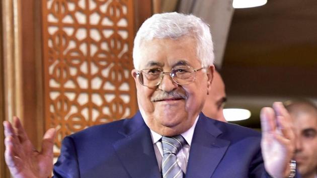 Palestinian president Mahmoud Abbas at a function in New Delhi on Monday.(PTI Photo)