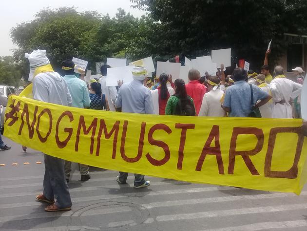 An anti-GM Mustard demonstration was held outside the Environment ministry’s office in Delhi on Wednesday.(HT Photo) An anti-GM Mustard demonstration was held outside the Environment ministry’s office in Delhi on Wednesday.(HT Photo)