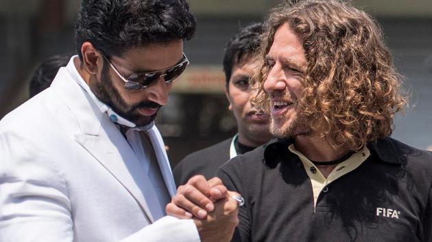 Meet and greet: Puyol with actor Abhishek Bachchan. (Satish Bate/HT Photo)