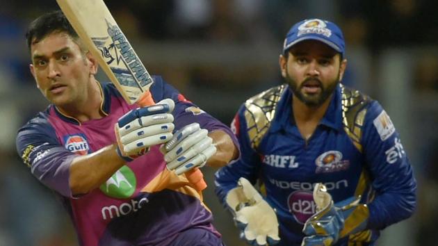 MS Dhoni en route to scoring a crucial innings for Rising Pune Supergiant against Mumbai Indians in an Indian Premier League (IPL) 2017 Qualifier 1 at the Wankhede Stadium.(AFP)