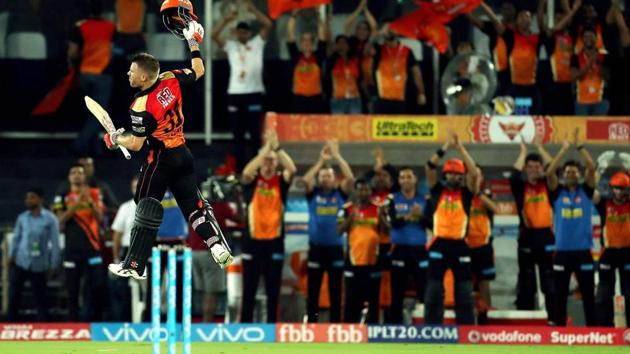 Sunrisers Hyderabad captain David Warner celebrates his century against Kolkata Knight Riders in Hyderabad. SRH face KKR in Bangalore on Wednesday in an IPL 2017 playoff tie. Ricky Ponting feels Sunrisers Hyderabad are the favourites.