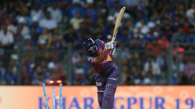 Following Tripathi’s low score, Lasith Malinga got rid of Steve Smith to leave RPS reeling at 9/2. (BCCI) Following Tripathi’s low score, Lasith Malinga got rid of Steve Smith to leave RPS reeling at 9/2. (BCCI)
