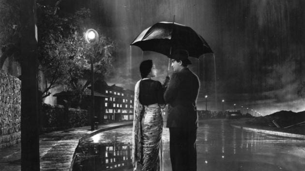 A still from the song ‘Pyar Hua Ikrar Hua’ in Shree 420. Written by Khwaja Ahmad Abbas, the film feature a famously Chaplin-esque Raj Kapoor who plays a poor orphan in big, bad and rich Bombay.(Habitat Film Festival) A still from the song ‘Pyar Hua Ikrar Hua’ in Shree 420. Written by Khwaja Ahmad Abbas, the film feature a famously Chaplin-esque Raj Kapoor who plays a poor orphan in big, bad and rich Bombay.(Habitat Film Festival)