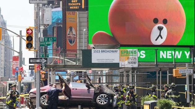 A wrecked car at the intersection of 45th and Broadway in Times Square. (AFP) A wrecked car at the intersection of 45th and Broadway in Times Square. (AFP)
