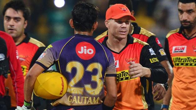 Sunrisers Hyderabad captain David Warner greets Kolkata Knight Riders skipper Gautam Gambhir after the latter’s win in an Indian Premier League (IPL) 2017 Eliminator. (AFP) Sunrisers Hyderabad captain David Warner greets Kolkata Knight Riders skipper Gautam Gambhir after the latter’s win in an Indian Premier League (IPL) 2017 Eliminator. (AFP)
