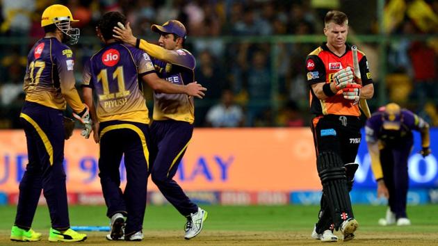 Kolkata Knight Riders Piyus Chawla celebrates the dismissal of Sunrisers Hyderabad captain David Warner during the IPL 2017 eliminator in Bangalore on Wednesday. (AFP) Kolkata Knight Riders Piyus Chawla celebrates the dismissal of Sunrisers Hyderabad captain David Warner during the IPL 2017 eliminator in Bangalore on Wednesday. (AFP)