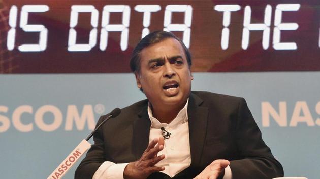 Reliance Industries chairman Mukesh Ambani addresses the NASSCOM India leadership forum 2017 in Mumbai on Wednesday.(PTI)