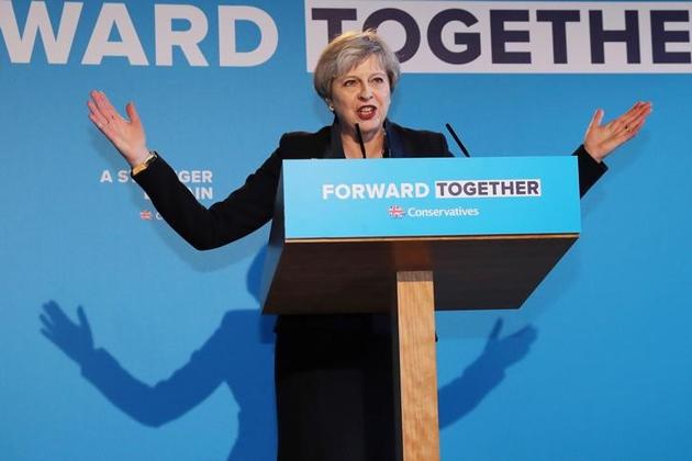 British Prime Minister Theresa May launching her election manifesto in Halifax on Thursday. (Reuters) British Prime Minister Theresa May launching her election manifesto in Halifax on Thursday. (Reuters)