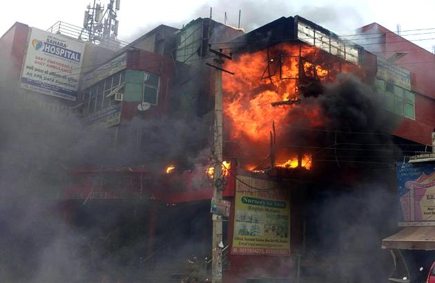 It took seven fire tenders to bring the fire under control. (HT PHOTO) It took seven fire tenders to bring the fire under control. (HT PHOTO)