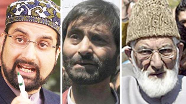 Kashmiri separatist leaders Mirwaiz Umar Farooq, Yasin Malik and Syed Ali Shah Geelani. The ED will look into how money laundering and hawala transactions are used to facilitate activities of separatist groups in Jammu and Kashmir.(HT File)