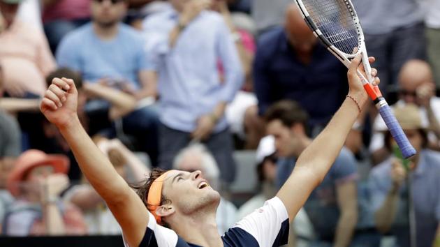 Dominic Thiem of Austria celebrates after beating Rafael Nadal of Spain at the Italian Open tennis tournament in Rome on Friday. (AP) Dominic Thiem of Austria celebrates after beating Rafael Nadal of Spain at the Italian Open tennis tournament in Rome on Friday. (AP)
